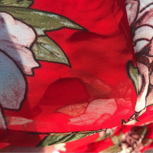 LIVE 4 TRUTH Tomato Red Kimono with Beige and green Floral Print (M) - Picture 8 of 9